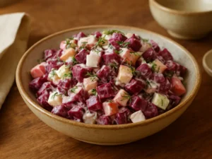 Burokėlių salotos su obuoliu ir varškės sūriu: 5 ingredientai, 4 sočios porcijos per 15 min.