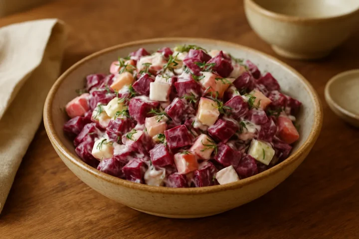 Burokėlių salotos su obuoliu ir varškės sūriu: 5 ingredientai, 4 sočios porcijos per 15 min.