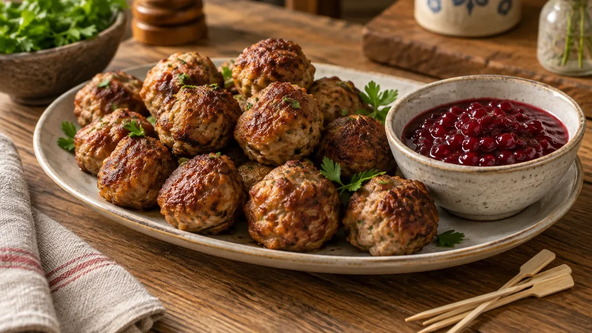 Kepu kiaulienos ir jautienos kukulius: 24 kąsniai su bruknių padažu ir smeigtukais
